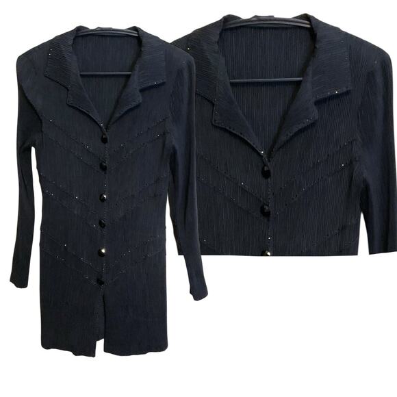 Pleats Textured Black Dressy Blouse S Longline Sparkling Beads Faceted Buttons - Picture 1 of 10